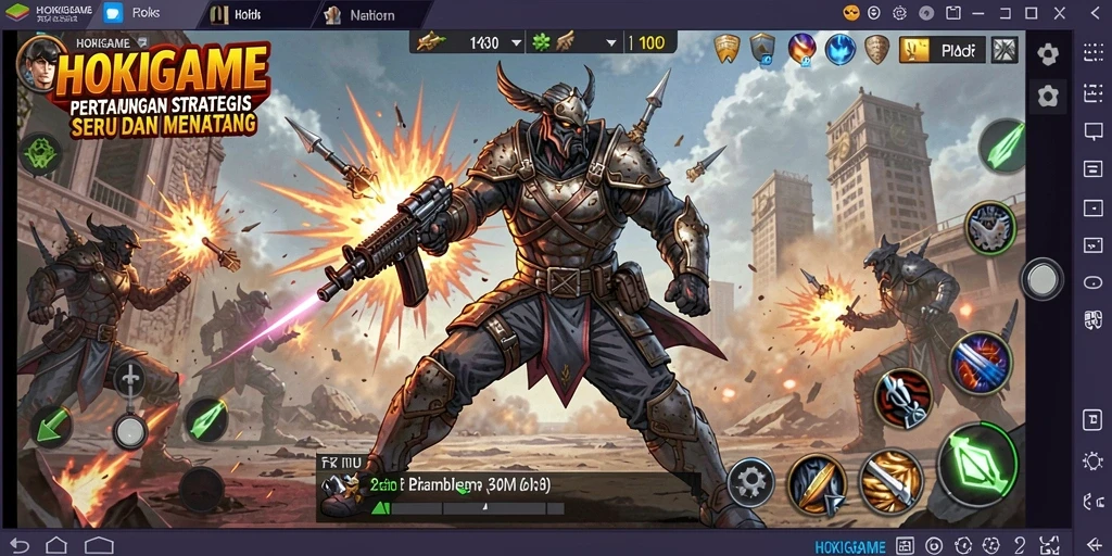 Tampilan gameplay mendebarkan HOKIGAME dengan pertempuran strategi yang dinamis.