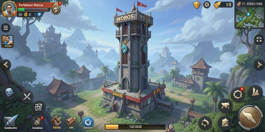 Screenshot utama WDBOS menunjukkan aksi menara pertahanan yang dinamis.